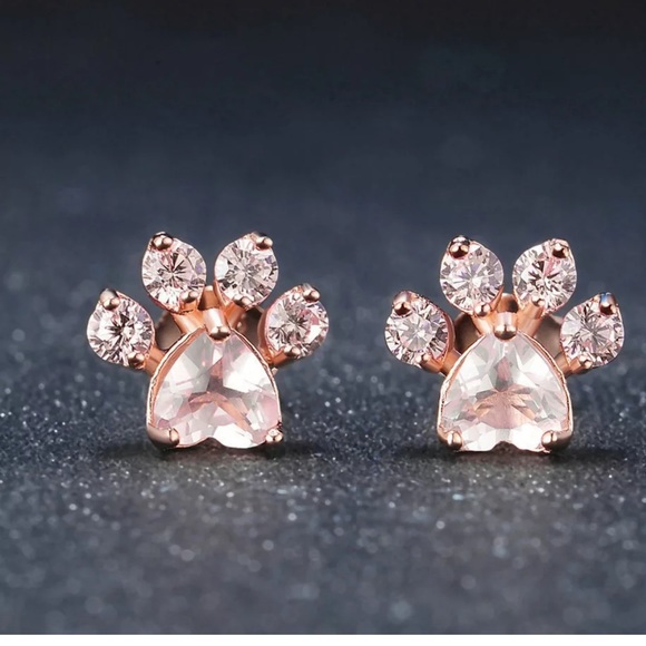 New Rose Gold Paws Zircon Stud Earrings - Picture 3 of 5